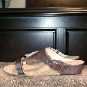Goldish gray metallic wedge sandle with side buckle brand new, never worn